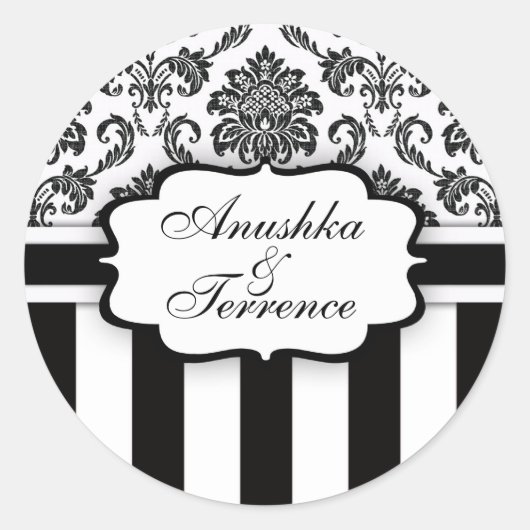Schwarz-weißer Damask Stripe Wedding Sticker (Vorderseite)