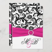 Schwarz, weißer Damast Fuchsia-Flachband Einladung (Vorne/Hinten)