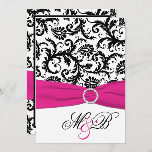 Schwarz, weißer Damast Fuchsia-Flachband Einladung (Vorne/Hinten)