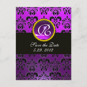 SCHWARZ-WEIßER DAMAST Lila Amethyst Monogramm Ankündigungspostkarte