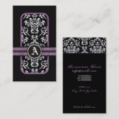 Schwarz-weißer Damast lila Bandmonogramm Visitenkarte (Vorne/Hinten)