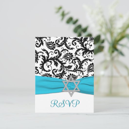 Schwarz, weißer Damast mit Aqua IMITATS Ribbon UAW RSVP Karte (Stehend Vorderseite)