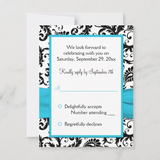 Schwarz, weißer Damast mit Aqua IMITATS Ribbon UAW RSVP Karte (Rückseite)