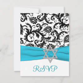 Schwarz, weißer Damast mit Aqua IMITATS Ribbon UAW RSVP Karte