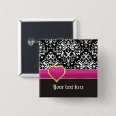 Schwarz-weißer Damast mit heißrosa Band und Herz Button (Vorne & Hinten)