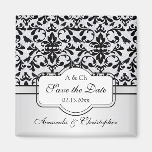 Schwarz-weißer Damast-Wirbel, Vögel Save the Dat Magnet