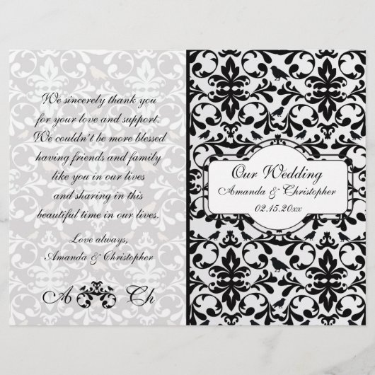 Schwarz-weißer Damastenhochzeitprogramm Flyer (Vorderseite)