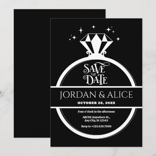 Schwarz-weißer Diamantring Save The Date (Vorne/Hinten)