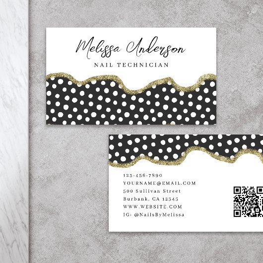 Schwarz-weißer Dotty Gold Glitzer Preppy QR-Code Visitenkarte