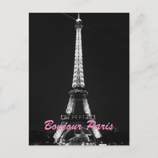 Schwarz-weißer Eiffelturm Bonjour Paris Night Postkarte (Vorderseite)