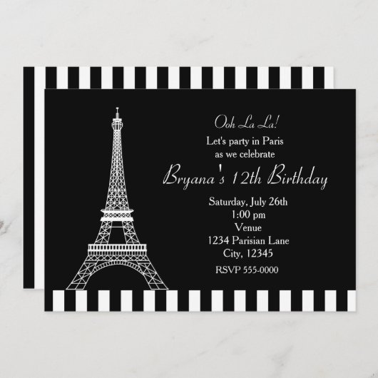 Schwarz-weißer Eiffelturm Paris Party Einladung (Vorne/Hinten)