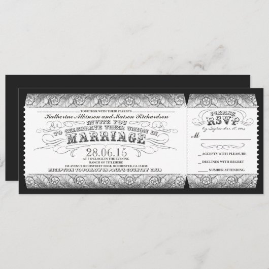 Schwarz-weißer Eintrittskarte für die Hochzeit Einladung (Vorne/Hinten)