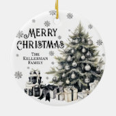 Schwarz-weißer eleganter Weihnachtsbaum Keramik Ornament (Hinten)