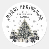 Schwarz-weißer eleganter Weihnachtsbaum Runder Aufkleber (Vorderseite)
