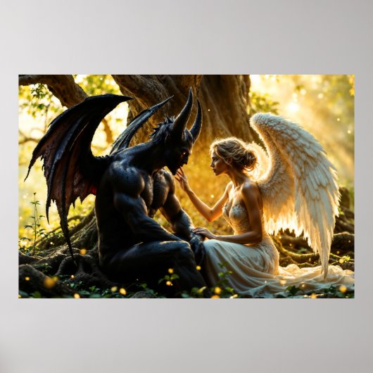 Schwarz-weißer Engeldemon, mystischer Wald Poster (Vorne)