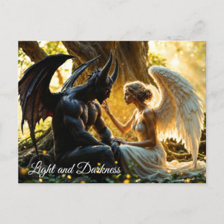 Schwarz-weißer Engeldemon, mystischer Wald Postkarte
