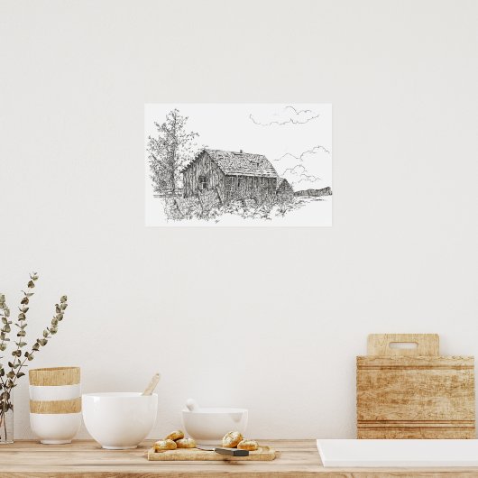 Schwarz-weißer Farbstift im alten Haus Zeichnend Poster (Küche)