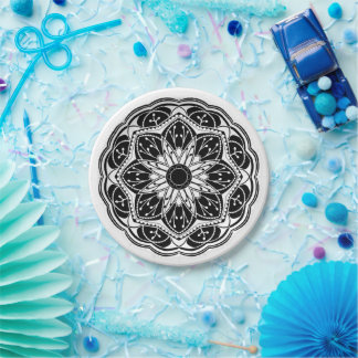Schwarz-weißer floraler Mandala-Rund Pappteller