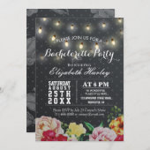 Schwarz-weißer floraler String Light Junggeselinne Einladung (Vorne/Hinten)