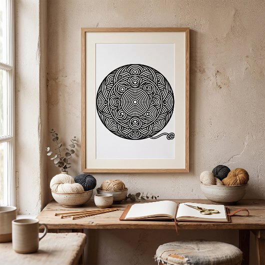 Schwarz-weißer Garnball-Mandala Poster