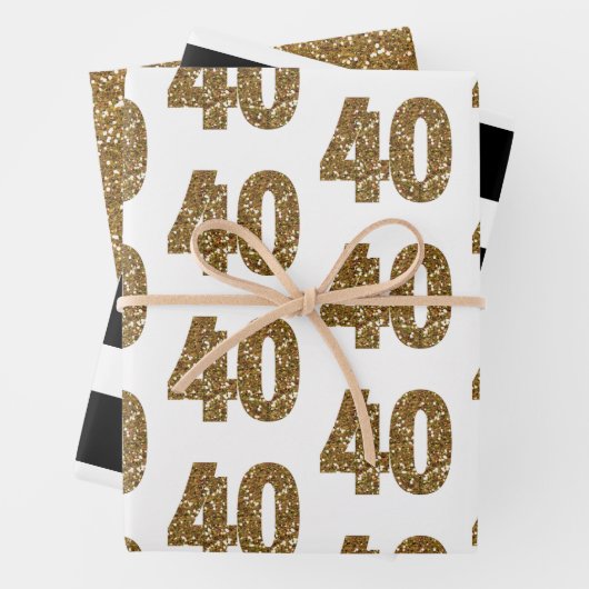 Schwarz-weißer gestreifter Gold-Glitzer 40. Geburt Geschenkpapier Set (Beispiel)