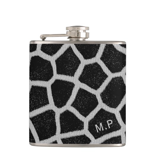 Schwarz-weißer Giraffen-Druck-Monogramm Flachmann (Vorderseite)