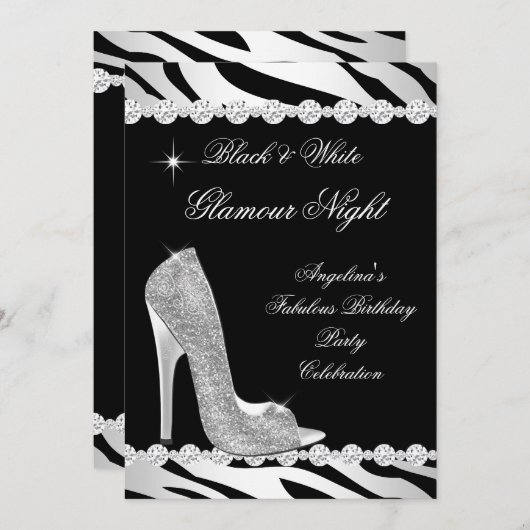 Schwarz-weißer Glamour Night Zebra Glitzer Heel Einladung (Vorne/Hinten)