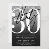 Schwarz-weißer Glitzer 30. Geburtstag Einladung (Vorderseite)