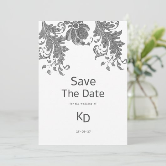 Schwarz-weißer Glitzer Blumenspitze Save the Date Einladung (Stehend Vorderseite)