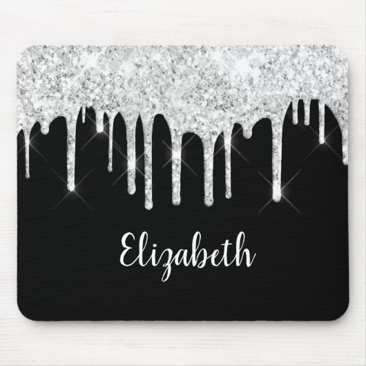 Schwarz-weißer Glitzer Silver Monogram Mousepad (Vorne)