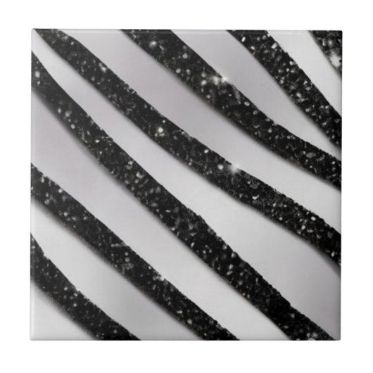 Schwarz-weißer Glitzer Streifen Keramik Tile Fliese (Vorderseite)