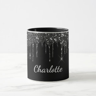Schwarz-weißer Glitzer Tropfen Monogramm-Name Tasse