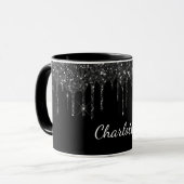 Schwarz-weißer Glitzer Tropfen Monogramm-Name Tasse (Vorderseite Links)