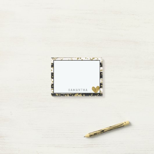 Schwarz-weißer GoldConfetti und -streifen Post-it Klebezettel (Auf Schreibtisch)