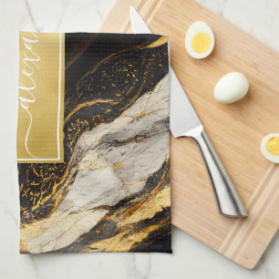 Schwarz-weißer Goldmarmor Modern Elegant Geschirrtuch