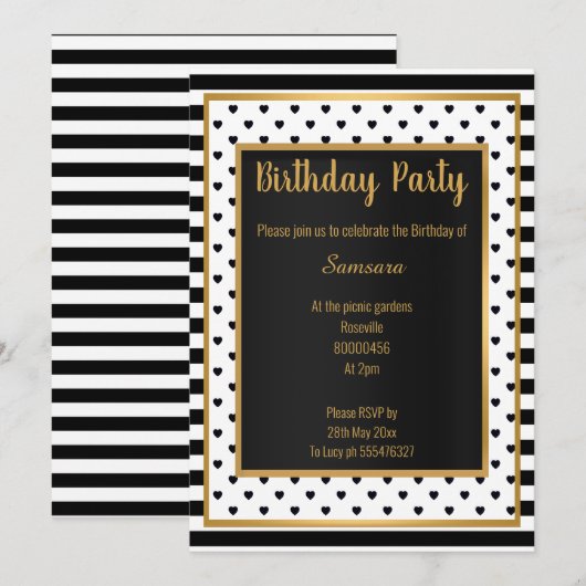 SCHWARZ-WEISSER GOLDSCHEIBEN-STREIFEN HERZ EINLADUNG (Vorne/Hinten)