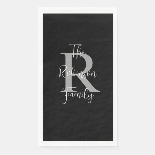 Schwarz-weißer Graue Name Monogram Handtuch Serviette (Vorderseite)