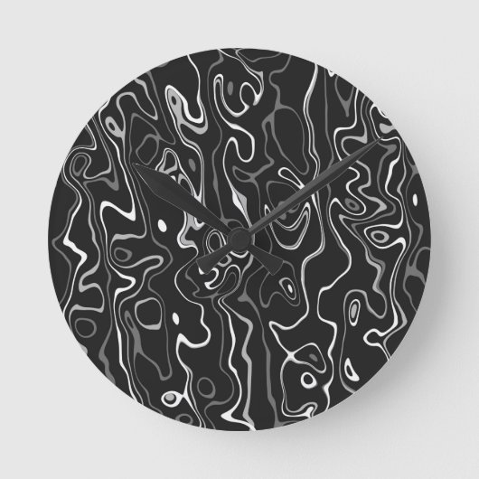 Schwarz-weißer grauer Damaskus abstrakte Wirbel Runde Wanduhr (Vorderseite)