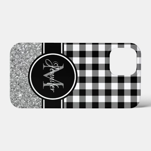 Schwarz-weißer grauer Glitzer Buffalo Kariert Mono Case-Mate iPhone Hülle (Rückseite (Horizontal))