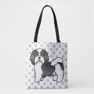 Schwarz-weißer Havanese süßer Cartoon-Hund & Pfote Tasche