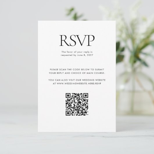 Schwarz-weißer Hochzeitbenutzerdefinierter QR-Code RSVP Karte (Stehend Vorderseite)