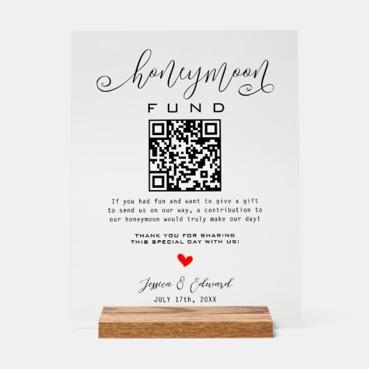 Schwarz-weißer Honeymoon Fund Qr Code Minimal Mode Acrylschild (Vorderseite)