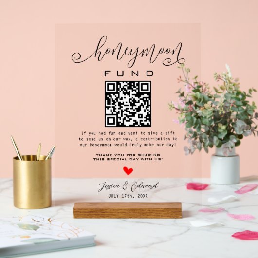 Schwarz-weißer Honeymoon Fund Qr Code Minimal Mode Acrylschild (Hochzeit)