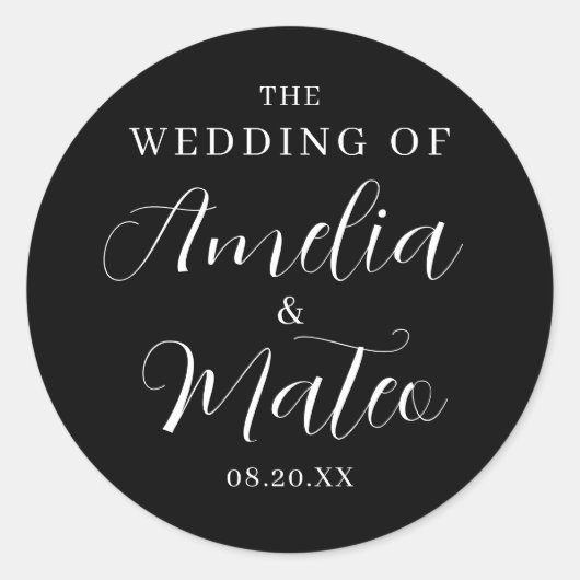 Schwarz-weißer kalligrafischer Hochzeitssender Ums Runder Aufkleber (Vorderseite)