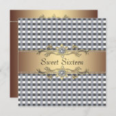 Schwarz-weißer Karo Gold 16 . Geburtstag Einladung (Vorne/Hinten)