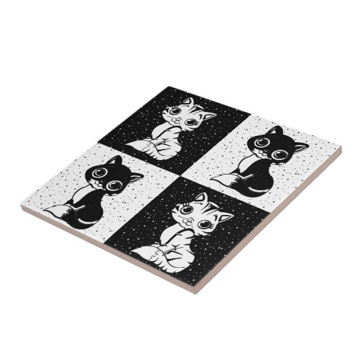 Schwarz-weißer Katzenmonogramm-Block Fliese (Seite)