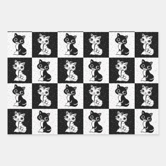 Schwarz-weißer Katzenmonogramm-Block Geschenkpapier Set (Vorderseite 3)