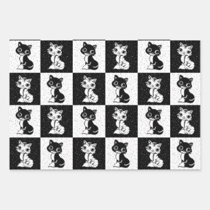 Schwarz-weißer Katzenmonogramm-Block Geschenkpapier Set