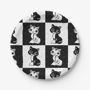 Schwarz-weißer Katzenmonogramm-Block Pappteller
