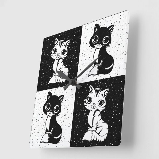 Schwarz-weißer Katzenmonogramm-Block Quadratische Wanduhr (Winkel)